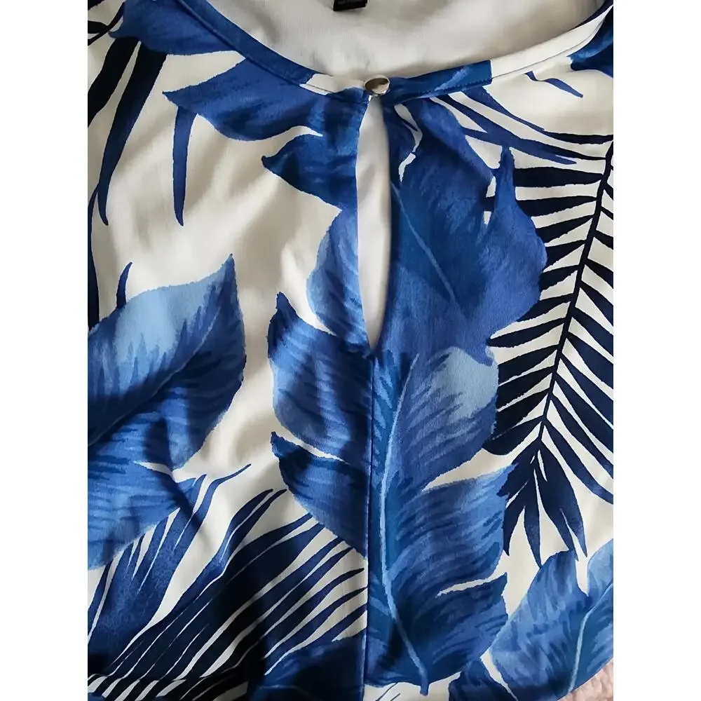 Lane Bryant Sleeveless Blue White Hawaiian Tropical Leaf Keyhole Dress Plus 16 - Picture 7 of 7